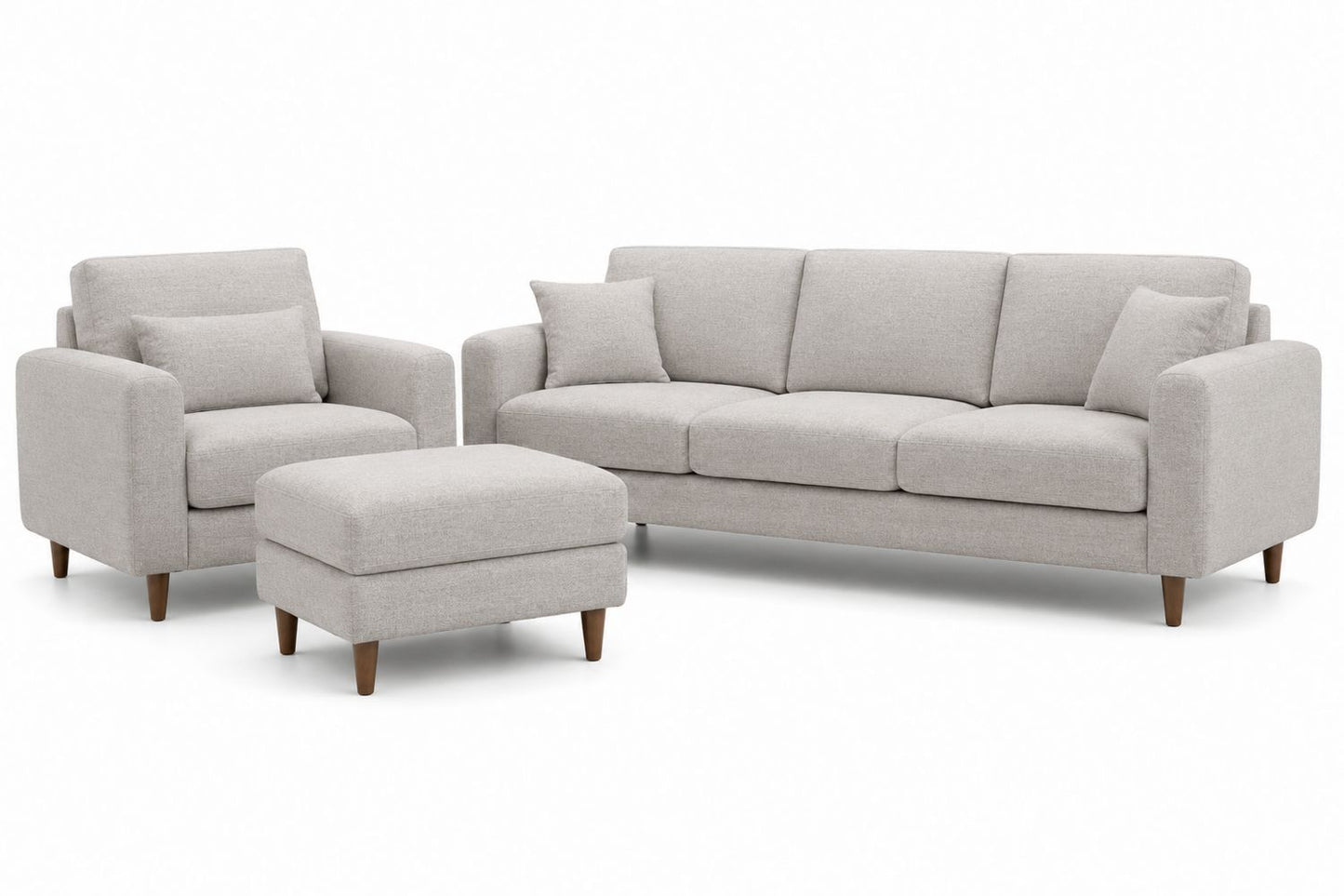 Zestaw sofa z tkaniny poliestrowej jasnoszarej, fotel i pufa