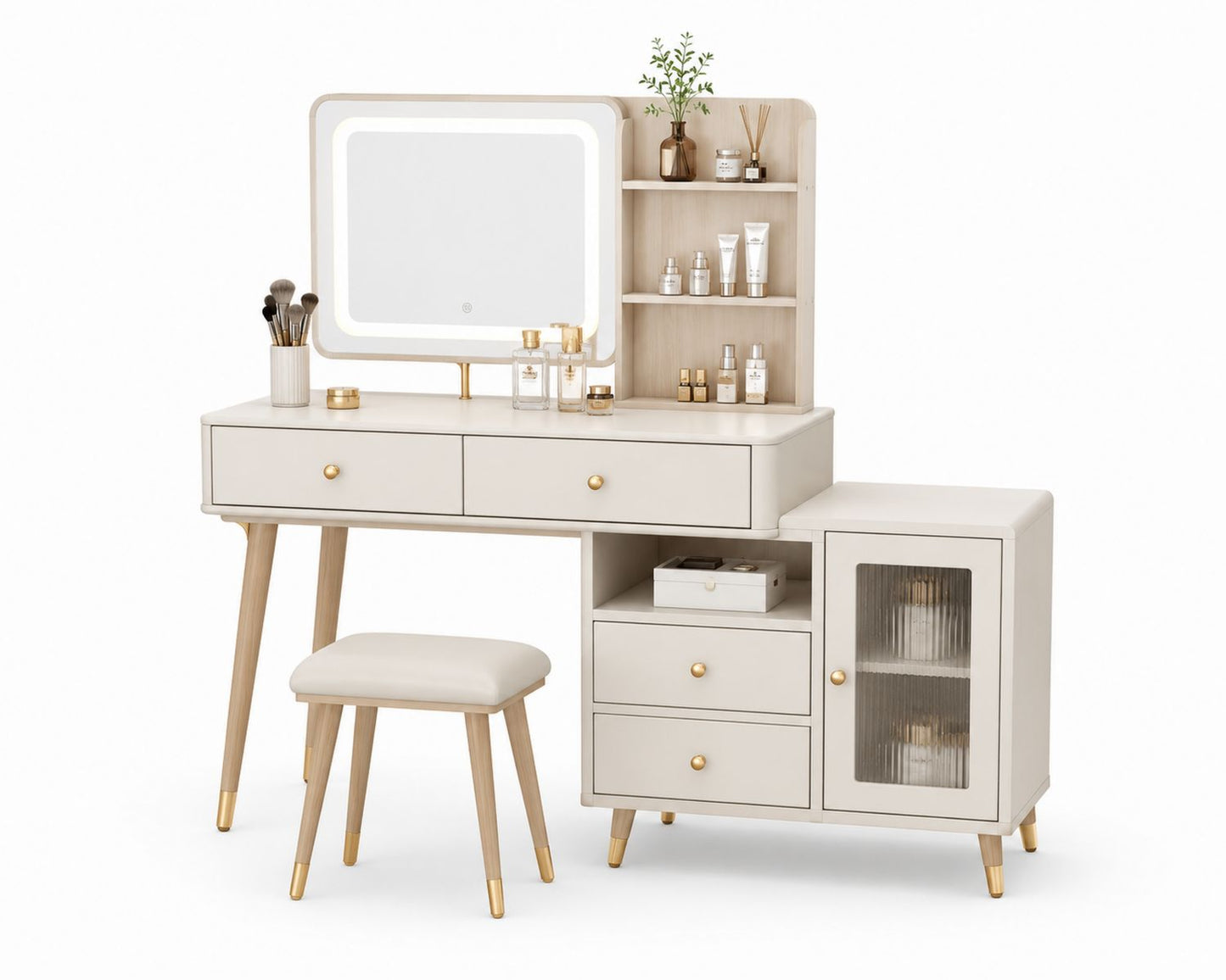 Toaletka kremowa z lustrem LED i taboretem z MDF