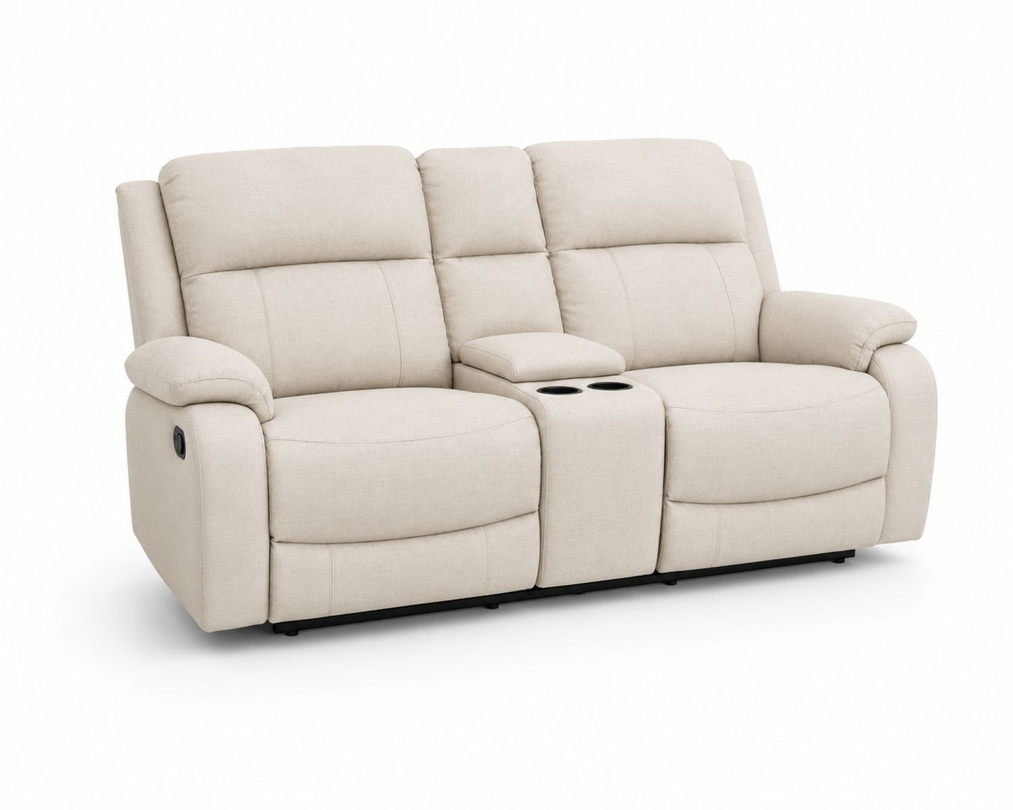 Sofa dwuosobowa z funkcją relaksu, tkanina poliestrowa, kolor Beżowy, uchwyty na napoje