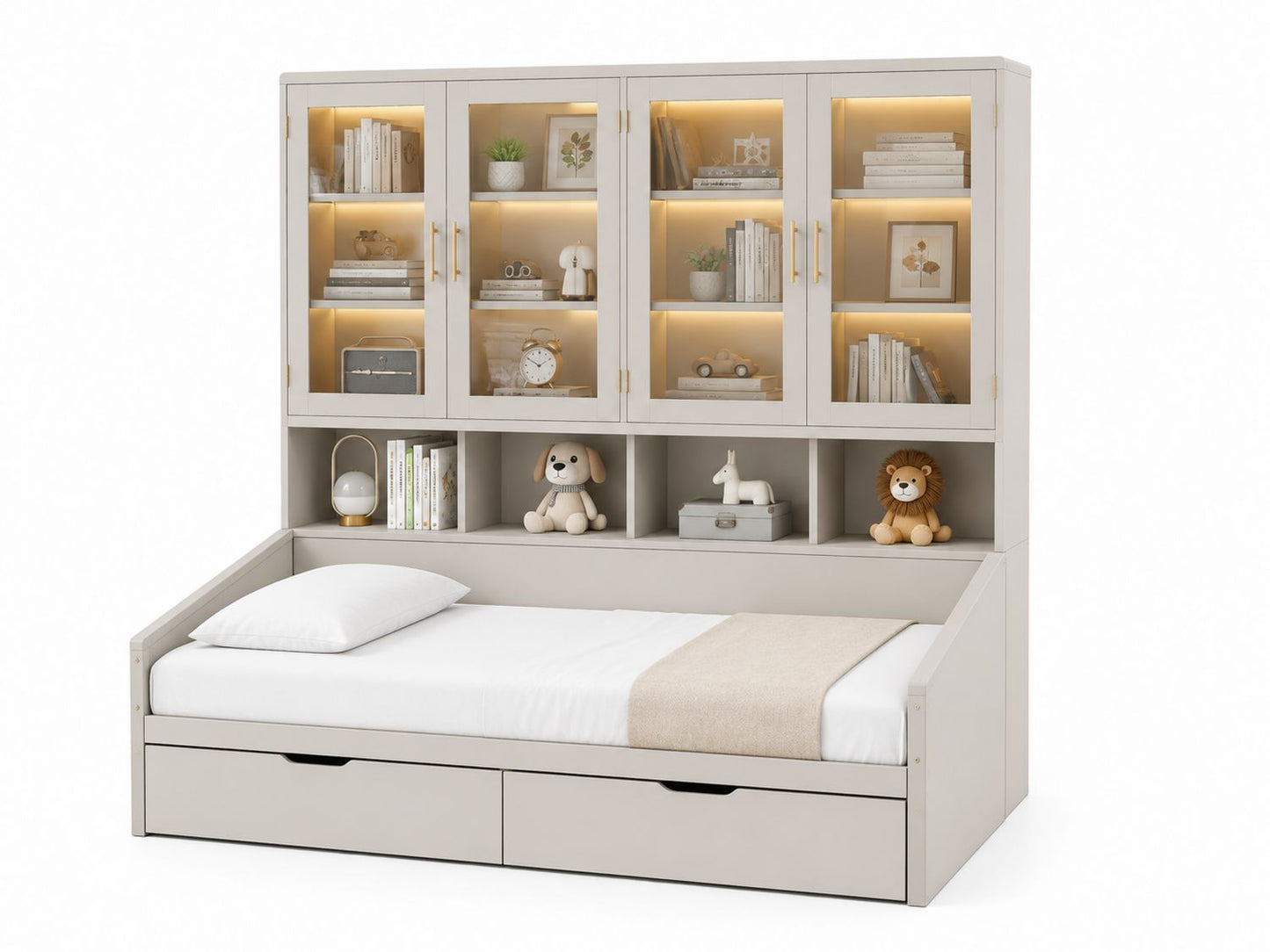 Drewniane łóżko z półkami i szafkami, 200x90 cm, Szary