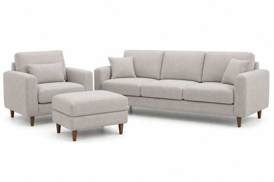 Zestaw sofa z tkaniny poliestrowej jasnoszarej, fotel i pufa