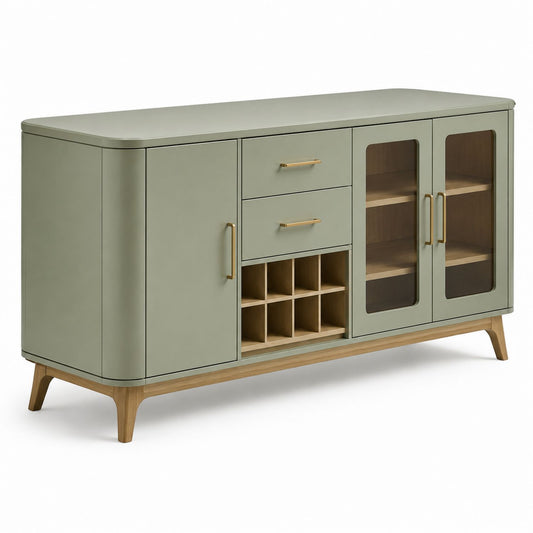 Komoda z MDF i drewna dębowego z półkami i przegrodami na wino, Zielony, 150 x 40 x 80 cm