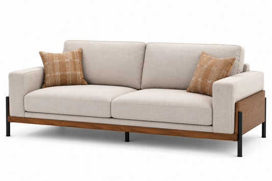 Sofa trzyosobowa z tkaniny i drewna beżowa