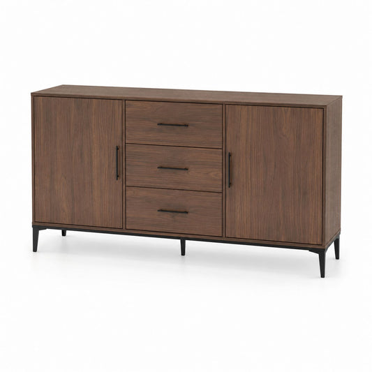 Komoda z fornirowanej płyty MDF z trzema szufladami i drzwiami, Brązowy, 150 cm