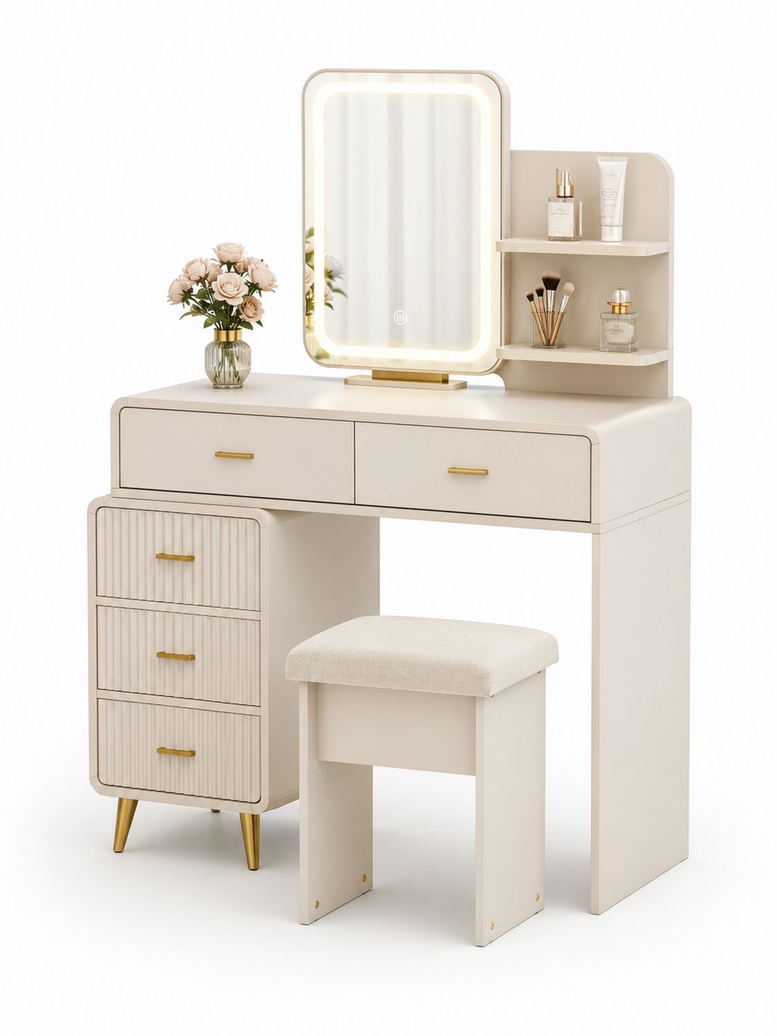 Toaletka z Lustrem LED MDF Kremowy z Taboretem