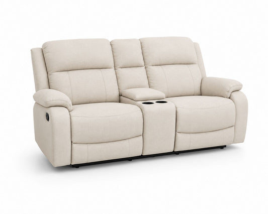 Sofa dwuosobowa z funkcją relaksu, tkanina poliestrowa, kolor Beżowy, uchwyty na napoje