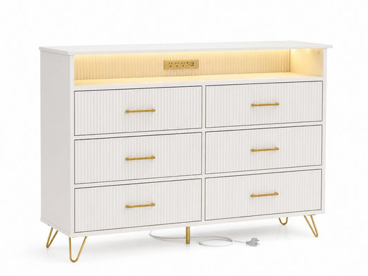 Komoda z 6 szufladami MDF i LED Biały/Złoty 120x40x90 cm