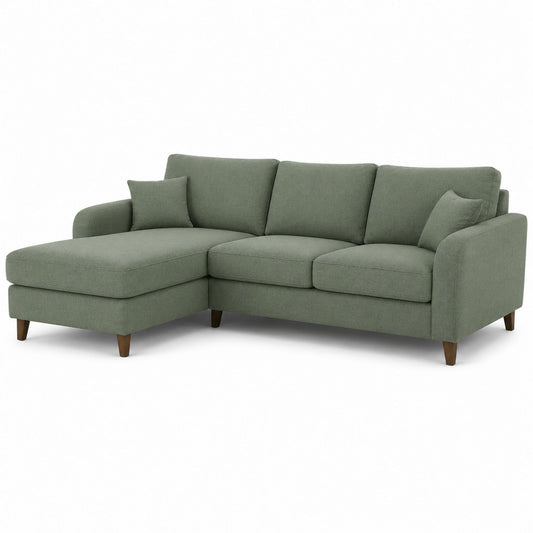 Sofa narożna z tkaniny w kolorze zielonym z drewnianą ramą